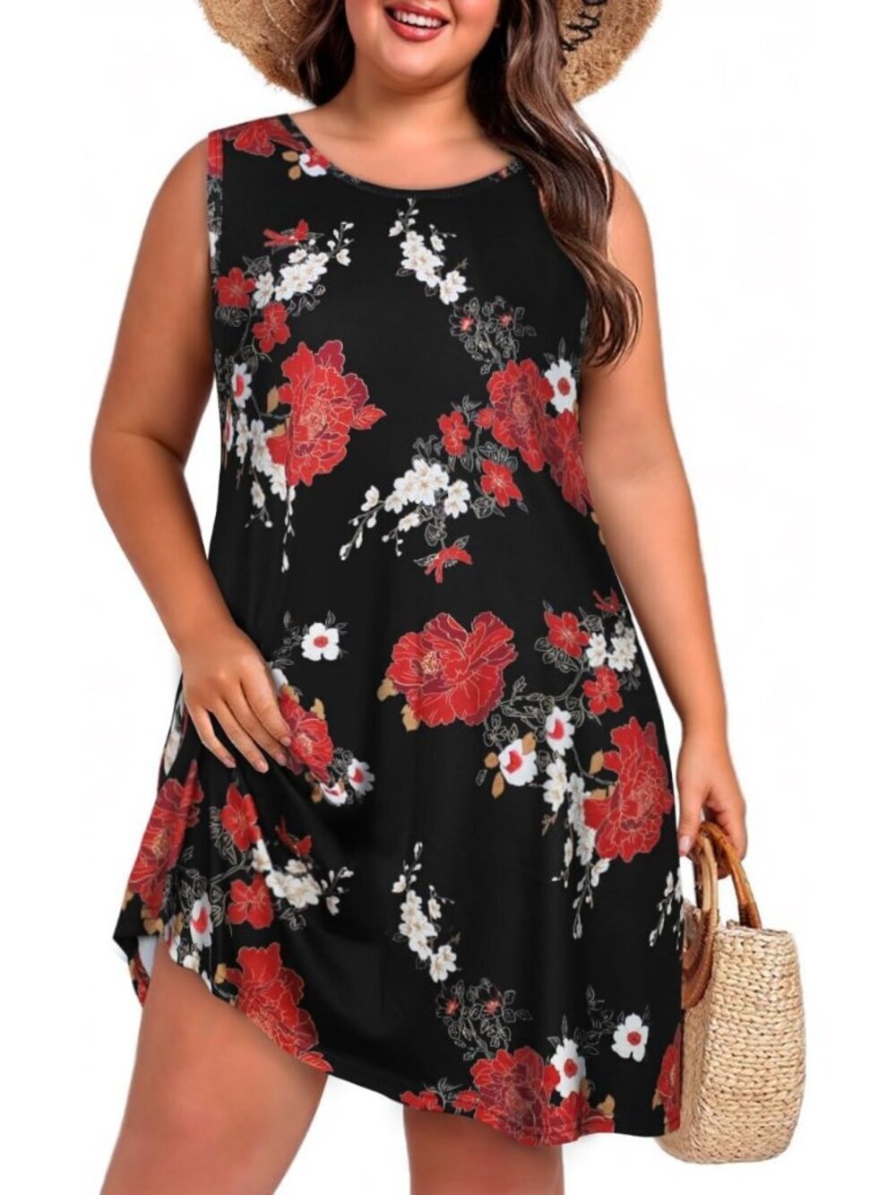 Women's Large Red Flower Sleeveless Pockets Beach T-shirt Tank Sun Mini Dress